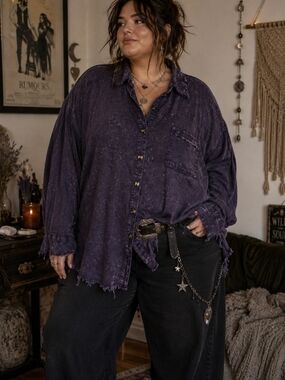 Umgee Washed Distressed Button-Up Shirt in Plum